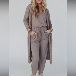 Three Bird Nest Mocha Tan Brown Long Sleeve Jumpsuit Cardigan Set Large